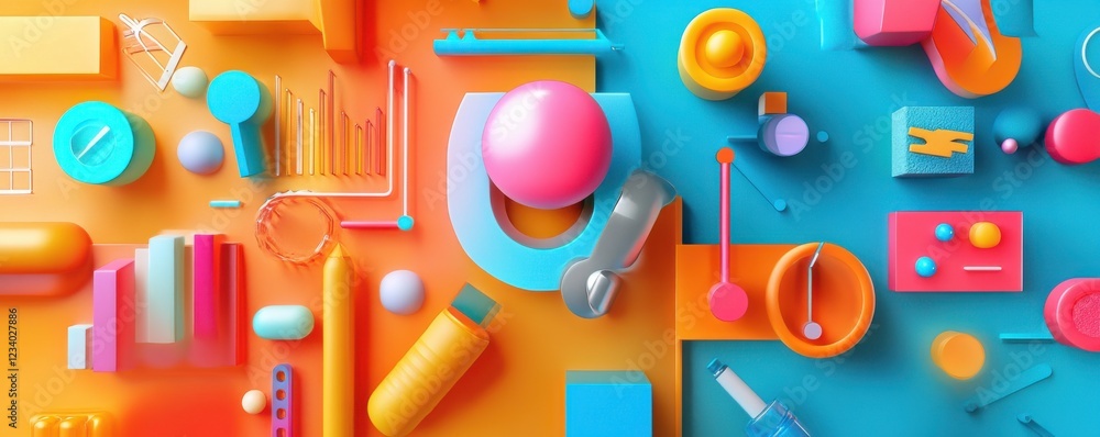 Poster a vibrant, abstract arrangement of colorful geometric shapes and objects on a bright background, sho