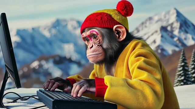 Monkey wearing a red hat and a yellow jacket is sitting in front of a computer keyboard. The monkey appears to be typing, possibly a message or a story. Concept of playfulness and curiosity