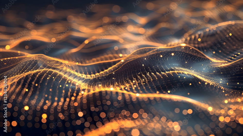 Poster abstract representation of flowing waves with glowing particles in a digital space.