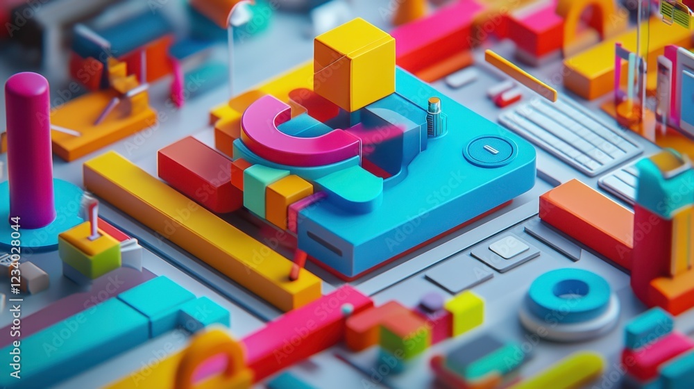 Poster a vibrant, abstract composition featuring colorful geometric shapes and patterns, creating a playful
