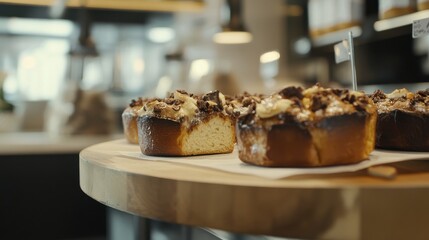 Freshly baked pastries displayed on a wooden table in a modern caf? with warm lighting