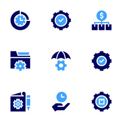 Management icon set. Bold style. Duotone colors. content management, data management, crisis management, gear, time management, settings, compliance, cost