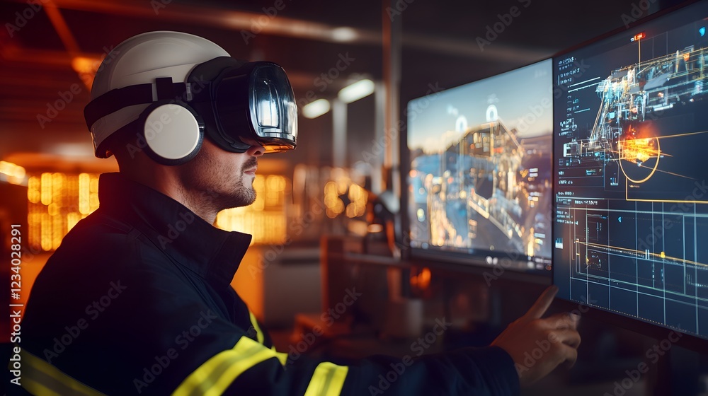 Poster a worker in a factory setting uses a vr headset and interacts with large computer screens displaying