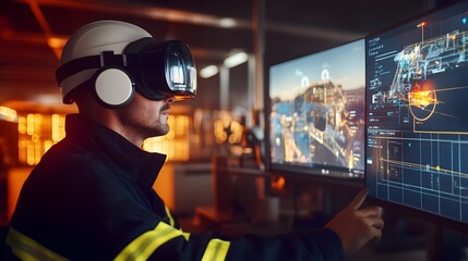 A worker in a factory setting uses a VR headset and interacts with large computer screens displaying complex industrial data and visualizations.  Advanced technology in manufacturing.