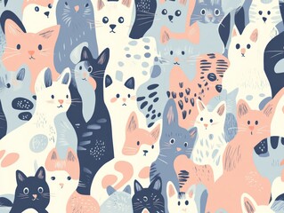 Cute cats pattern, pastel colors, seamless design, fabric print