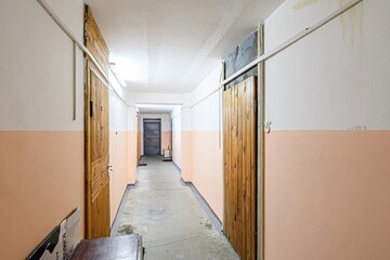 Russia, Moscow- May 27, 2020: interior apartment public place, house entrance. doors, walls, staircase corridors