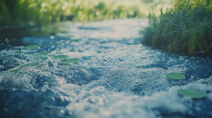 Fototapeta premium Clear, bubbling stream with emerald reflections winds through lush greenery, evoking a refreshing sense of nature's vitality.
