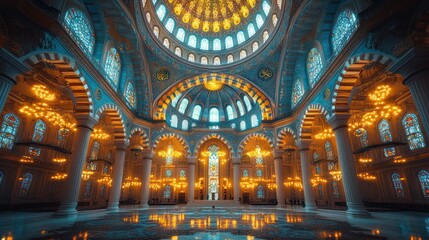 Obraz premium The Majestic Grandeur of the Camlica Mosque: A Symphony in Blue and Gold
