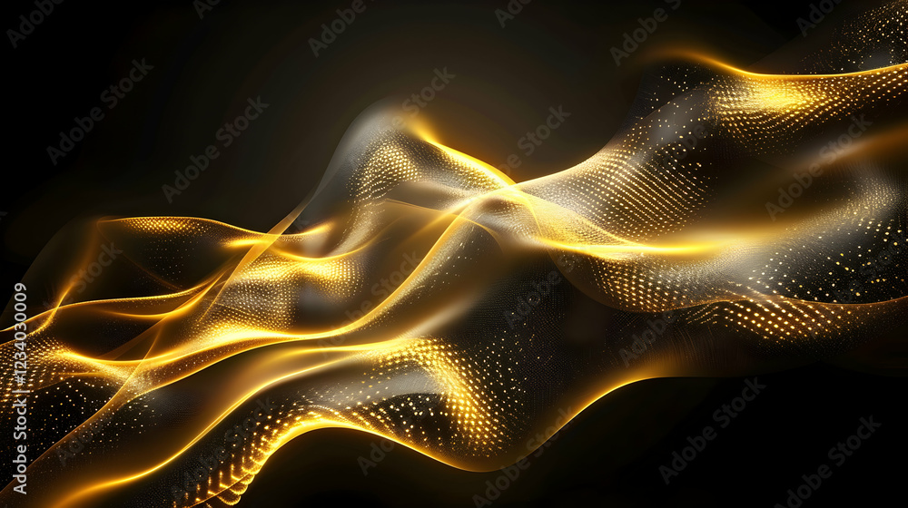 Poster abstract golden waves with light effects creating a dynamic visual flow.