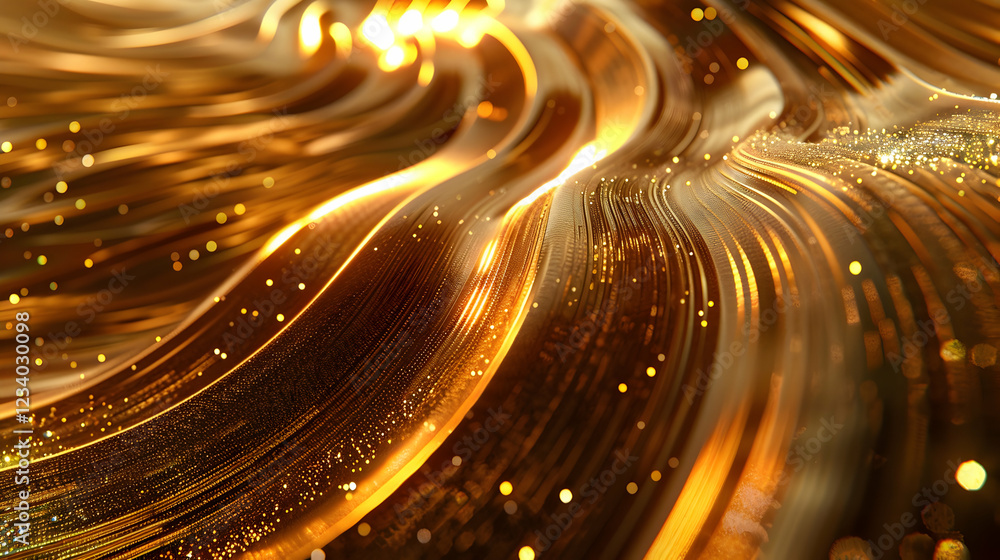 Poster abstract golden waves with shimmering particles create a dynamic visual effect.