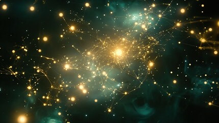 Fototapeta premium Golden network nodes glowing in dark nebula, digital art