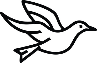 minimalist bird illustration, simple line art, dove in flight, black and white, graphic design, clean contours, peace symbol, stylized wings, iconic imagery, vector graphic style, symmetrical composit