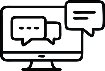 Computer monitor, speech bubbles, digital communication, chat interface, minimalist icon, black and white design, line art, vector illustration, messaging concept, online conversation, screen display,
