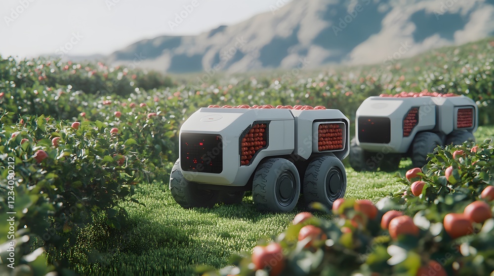 Poster two autonomous robots harvest red apples in a lush orchard. the robots are white and carry full bins