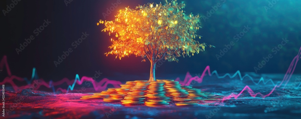 Poster a vibrant, illuminated tree stands on a colorful grid, surrounded by dynamic wave patterns, represen