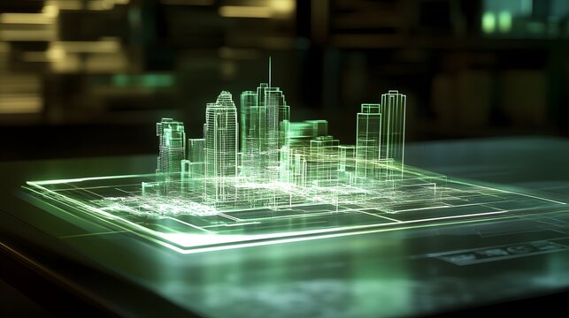 A futuristic cityscape model digitally projected onto a glass surface. Green lines illuminate the buildings, showcasing modern architectural design and technological innovation in urban planning. - Powered by Adobe
