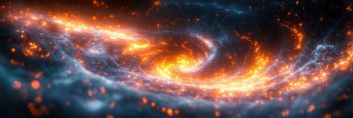 Obraz premium Fiery Cosmic Spiral: A swirling galaxy of vibrant orange and blue hues, illuminated by countless sparkling particles.