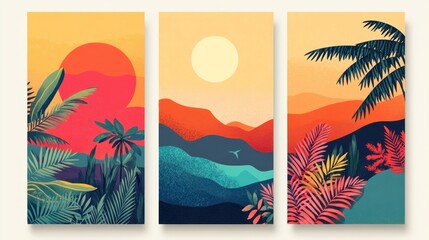 Obraz premium Tropical sunset landscape art prints, mountains, foliage, wall decor
