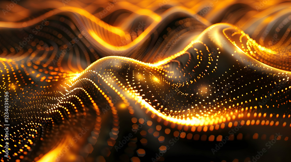 Poster abstract waves of glowing golden particles create a dynamic visual effect.
