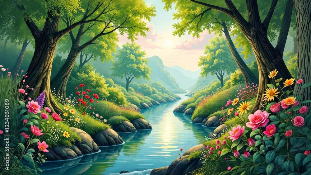 Poster a river with a green forest on either side. the river is surrounded by rocks and has a lot of flower