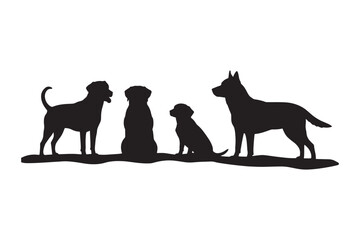 Silhouette of different dog breeds sitting together, black and white pet illustration for design and decoration