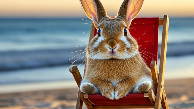 Rabbit is sitting in a beach chair. The chair is red and the rabbit is brown. The beach is blue and the sky is orange
