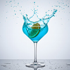 Splashing Blue Cocktail with Lime in Glass