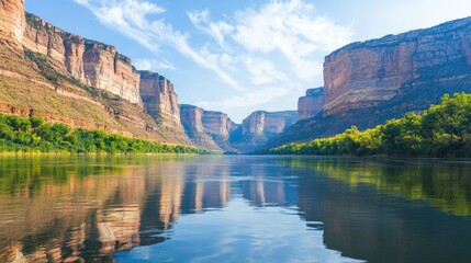 Naklejka premium A calm river winding through a serene valley, with towering cliffs and vibrant green trees lining the banks, the light casting gentle reflections on the water