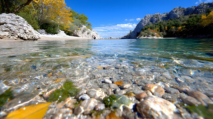 Clear water, pebble beach, autumn leaves, rocky cove, travel destination