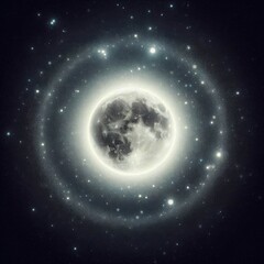 Fototapeta premium Deep black starry background with a glowing full moon at the center, surrounded by faint halo light 1