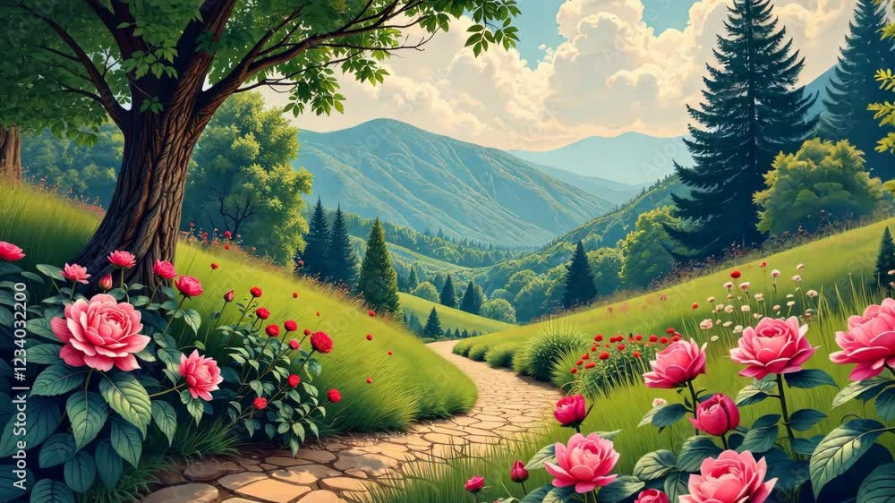 Poster a path through a field of flowers with a tree in the background. the flowers are pink, and the path 