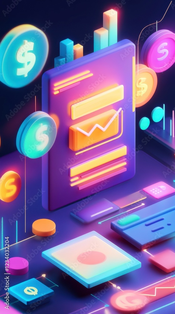 Aufkleber a vibrant digital workspace featuring colorful graphs, dollar symbols, and interface elements, illus