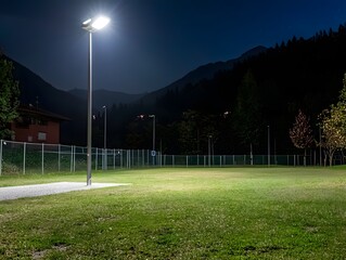 Illuminated Sports Field at Night Under Glowing Floodlight Tower