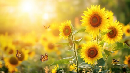 A colorful sunflower field bathed in warm light, with butterflies flying gracefully and a small bird resting on a sunflower stem.