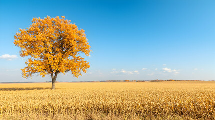 Lone autumn tree in golden field, clear sky