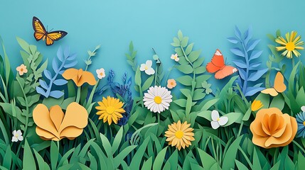 A paper cut of a lush meadow filled with wildflowers, butterflies, and tall grass under a sunny sky.