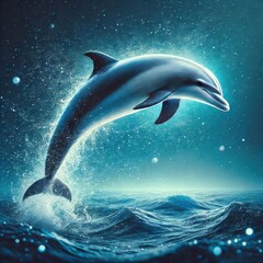 Fototapeta premium Deep ocean blue background with a sleek silver dolphin leaping out of the water, captured mid-air in the center 1