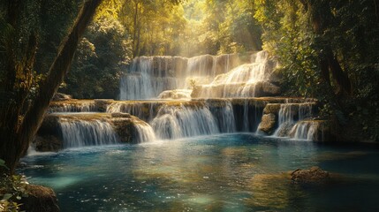 Obraz premium Serene jungle waterfall, sunlight through trees, turquoise pool, nature travel poster