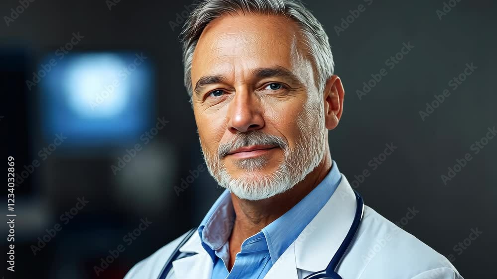 Poster man in a white lab coat is smiling for the camera. he is a doctor and is standing in front of a medi