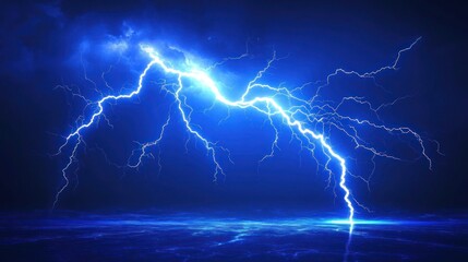 Blue lightning strike over ocean, dark stormy sky, digital art, graphic design
