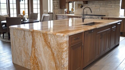 A kitchen with a granite island countertop and waterfall edge exudes elegance. -