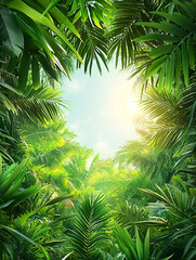 Naklejka premium Lush Tropical Canopy: Sunlit Jungle Heart.