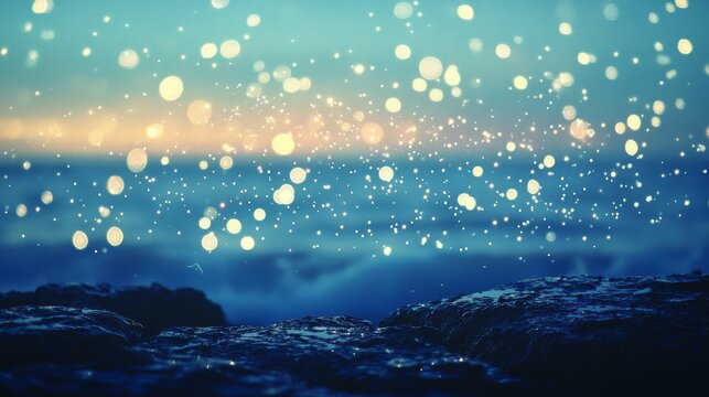 Ethereal lights dance over a rocky shore, with shimmering bokeh dots against a tranquil, deep blue seascape at dusk. - Powered by Adobe