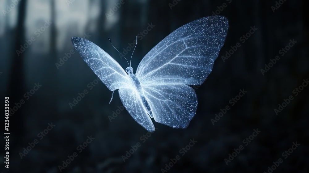 Poster A glowing butterfly with a translucent appearance hovers in a dark forest, creating a mystical and enchanting atmosphere.
