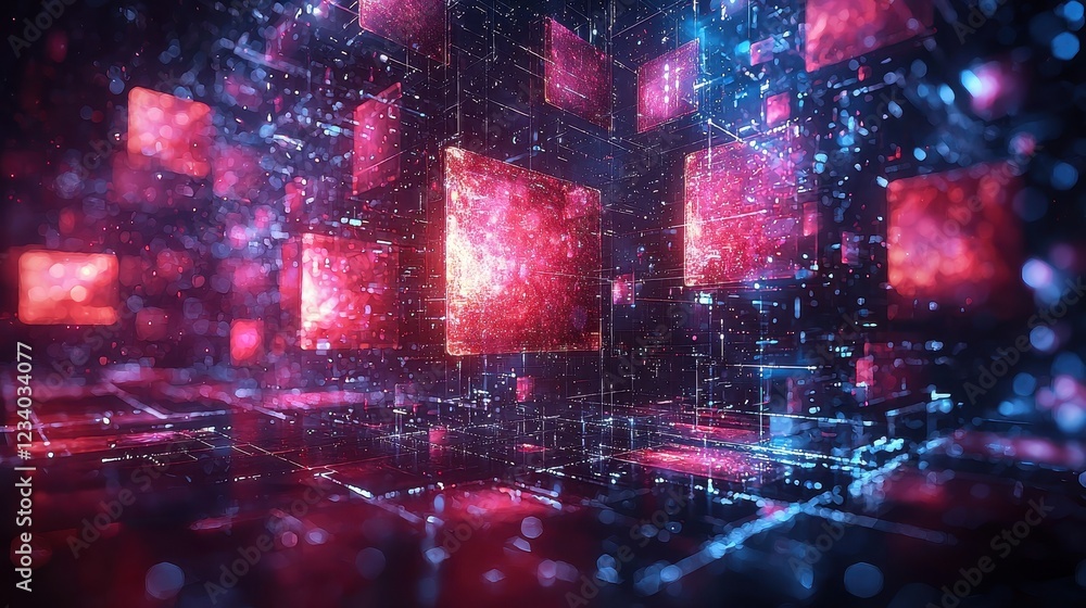 Poster abstract digital landscape with glowing cubes and particles in a dark space.