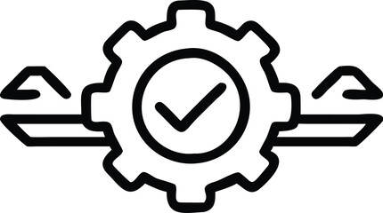 Minimalist icon, black and white, gear symbol, checkmark inside gear, simplified design, connected nodes, process optimization, quality control concept, vector graphic style, clean lines, industrial e
