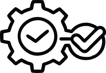 Minimalist icon, black and white, gear symbol, checkmark inside gear, simplified design, connected nodes, process optimization, quality control concept, vector graphic style, clean lines, industrial e
