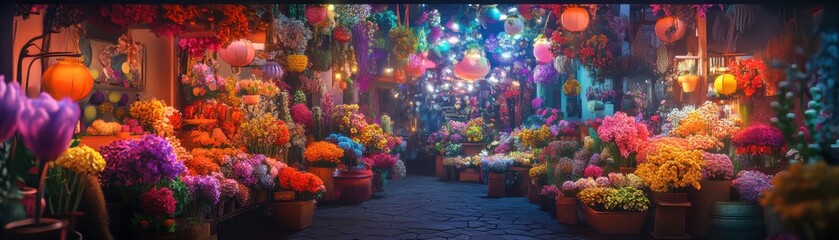 A vibrant flower market illuminated with colorful lights, showcasing an array of blooming flowers in various hues and arrangements.