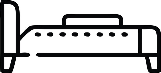 Simple line drawing, minimalist bed icon, side view, single continuous line, black and white, geometric shape, bedroom furniture symbol, clean design, vector graphic style, sparse details, hospitality