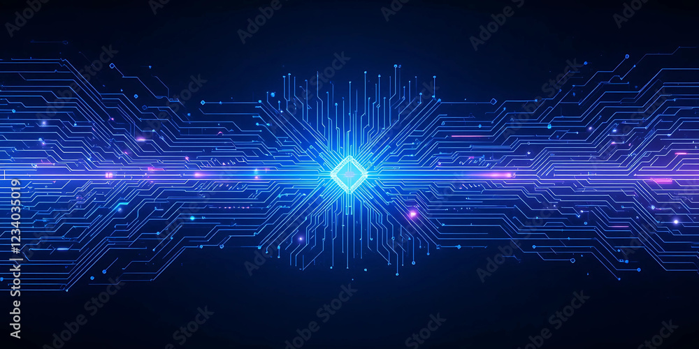 Poster abstract digital background. glowing blue circuit board design with central processor. futuristic te